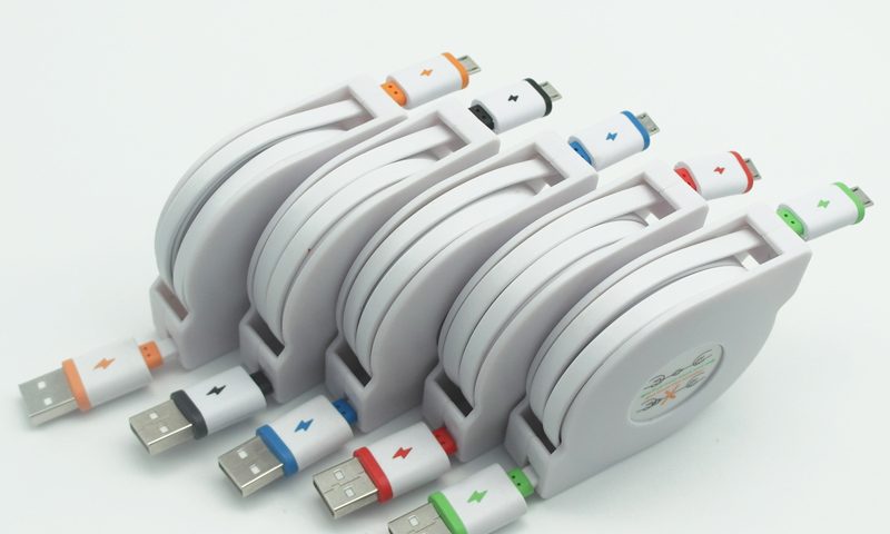 USB Aufrollkabel, Lade-und Schnellladekabel, Datenkabel mUSB, 5 verschiedene Farben